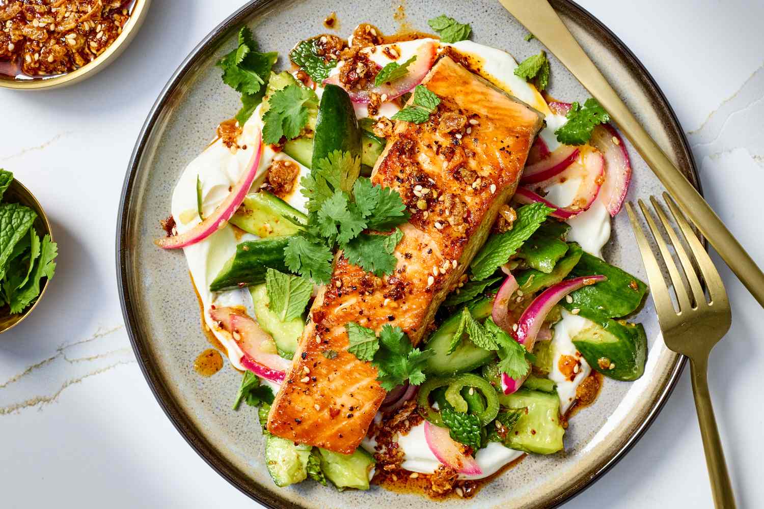 Chile Crunch Salmon with Smashed Cucumber Salad photo